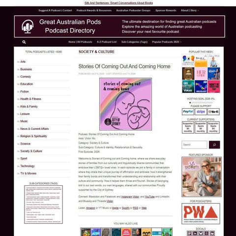 Stories Of Coming Out And Coming Home   
Screenshot of the podcast listing on the Great Australian Pods website