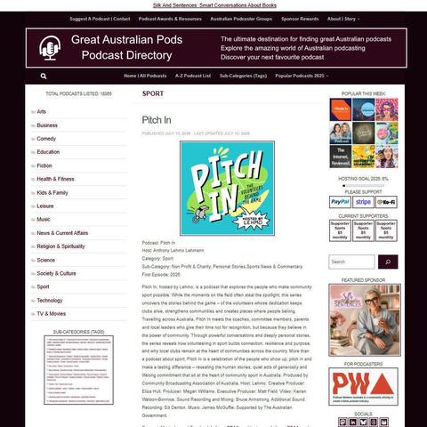 Pitch In   
Screenshot of the podcast listing on the Great Australian Pods website