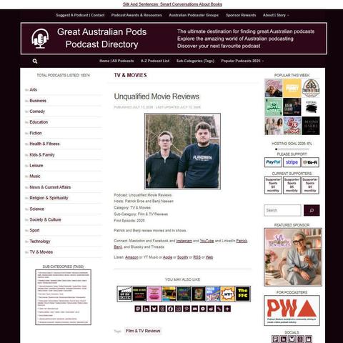 Unqualified Movie Reviews   
Screenshot of the podcast listing on the Great Australian Pods website
