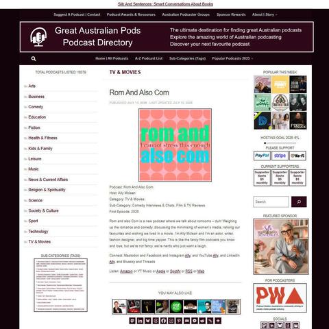Rom And Also Com
Screenshot of the podcast listing on the Great Australian Pods website