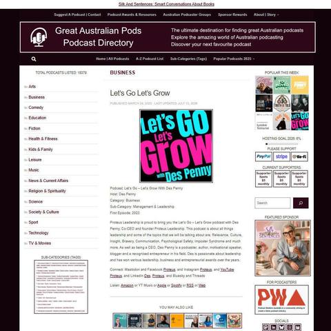 Let's Go - Let's Grow with Des Penny   
Screenshot of the podcast listing on the Great Australian Pods website