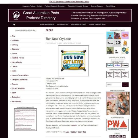Run Now, Cry Later   
Screenshot of the podcast listing on the Great Australian Pods website