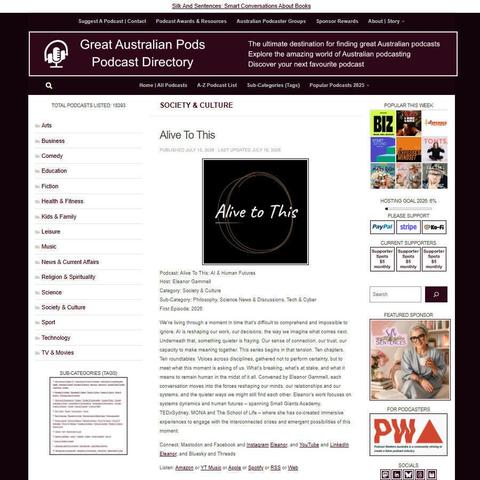 Alive To This   
Screenshot of the podcast listing on the Great Australian Pods website