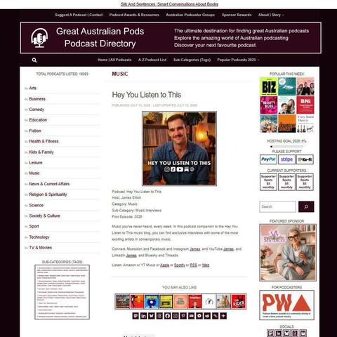 Hey You Listen to This
Screenshot of the podcast listing on the Great Australian Pods website