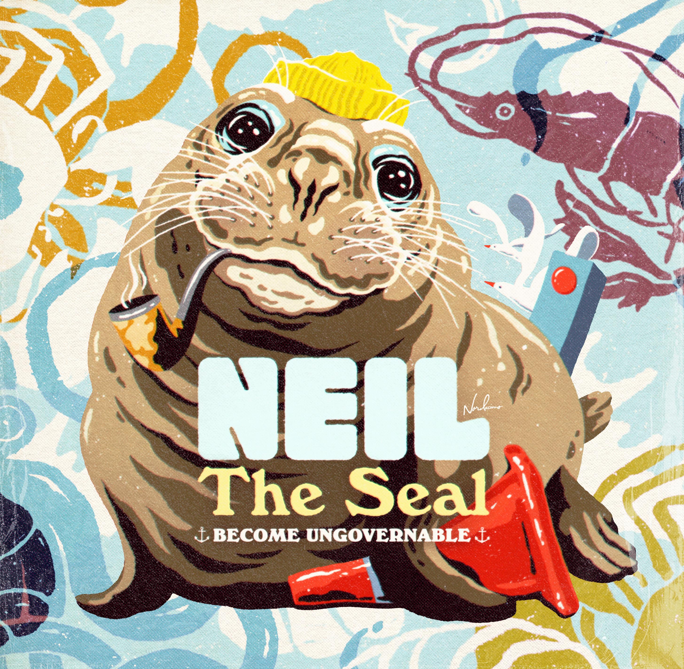 Retro-inspired illustration of Neil the Seal wearing a yellow knitted beanie and smoking a pipe, staring wide-eyed at the viewer while lounging among flattened traffic cones. Vintage lettering reads "NEIL The Seal" with the tagline "Become Ungovernable", set against a decorative ocean-themed background filled with squid, coral and marine motifs.