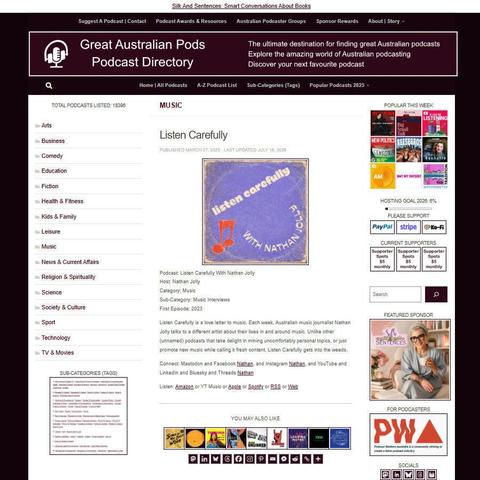  Listen Carefully With Nathan Jolly   
Screenshot of the podcast listing on the Great Australian Pods website