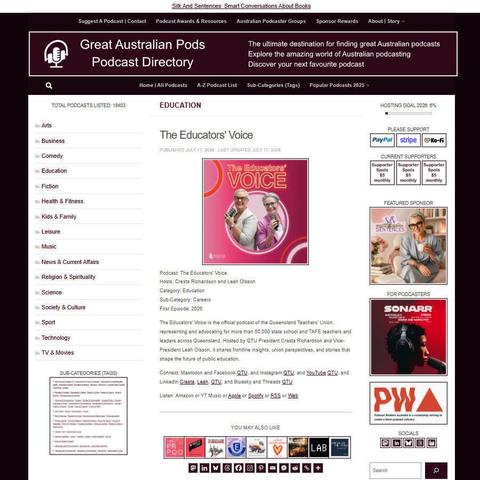 The Educators' Voice   
Screenshot of the podcast listing on the Great Australian Pods website