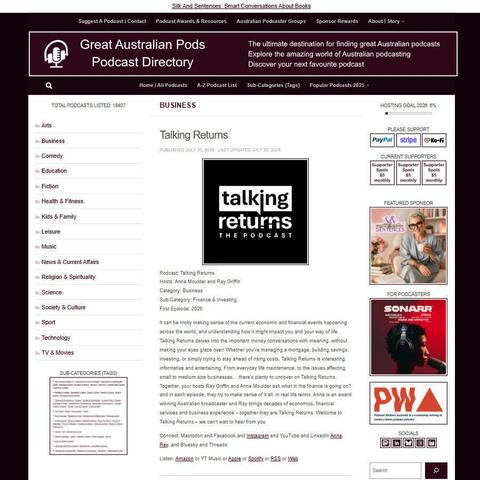 Talking Returns   
Screenshot of the podcast listing on the Great Australian Pods website