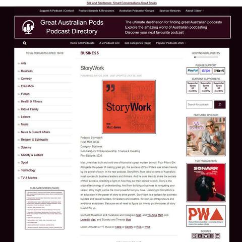 StoryWork   
Screenshot of the podcast listing on the Great Australian Pods website