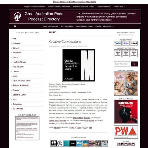 Creative Conversations: Research In Music   
Screenshot of the podcast listing on the Great Australian Pods website