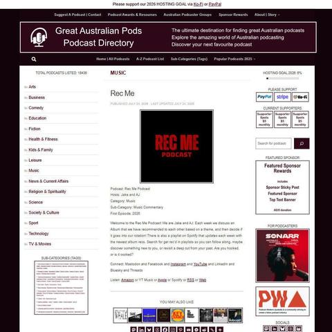 Rec Me Podcast   
Screenshot of the podcast listing on the Great Australian Pods website