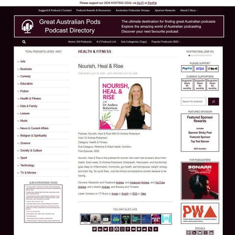 Nourish, Heal & Rise With Dr Andrea Robertson   
Screenshot of the podcast listing on the Great Australian Pods website