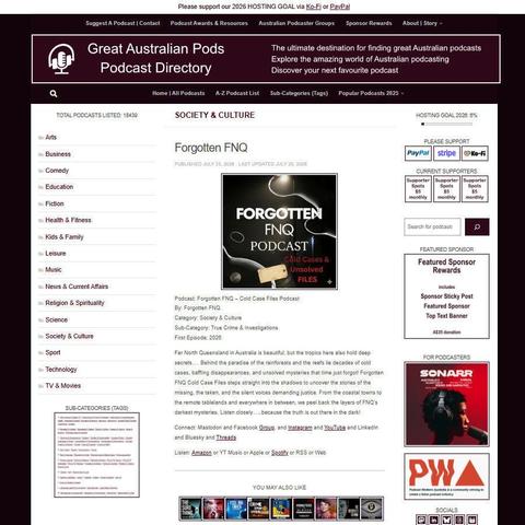 Forgotten FNQ - Cold Case Files Podcast   
Screenshot of the podcast listing on the Great Australian Pods website