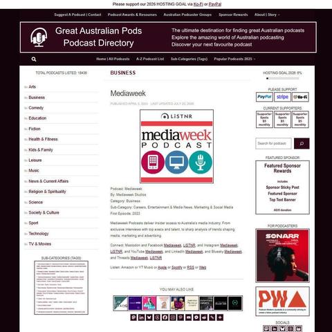 Mediaweek   
Screenshot of the podcast listing on the Great Australian Pods website