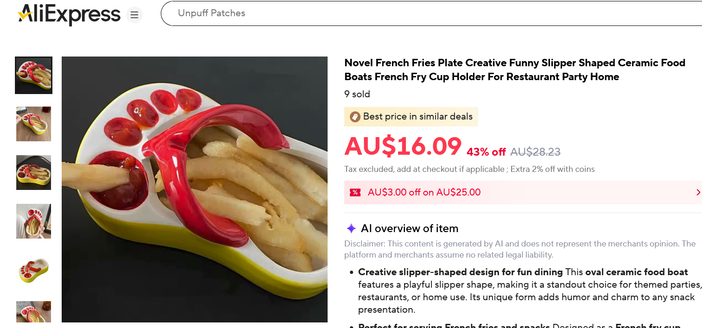 An AliExpress item listing for a "Novel French Fries Plate Creative Funny Slipper Shaped Ceramic Food Boats French Fry Cup Holder For Restaurant Party Home" ($16.09).
The picture shows a ceramic food bowl shaped like a flip-flop/thong where some french fries are stored in a cavity in the sole and there are five "toe divots" that hold a small amount of ketchup each. One fry is embedded in the big toe.