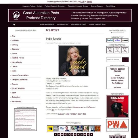Indie Spunk: Unfiltered   
Screenshot of the podcast listing on the Great Australian Pods website