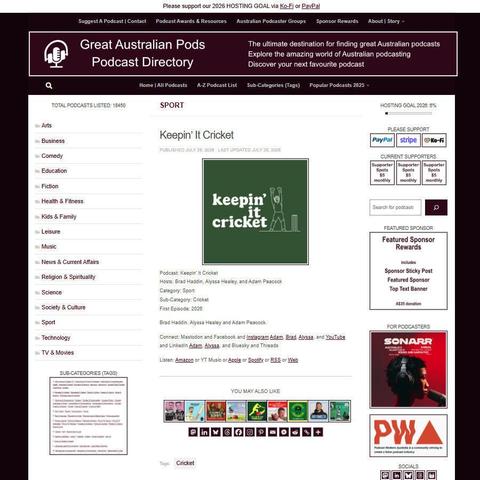 Keepin' It Cricket   
Screenshot of the podcast listing on the Great Australian Pods website