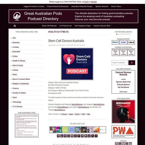 Stem Cell Donors Australia Podcast   
Screenshot of the podcast listing on the Great Australian Pods website