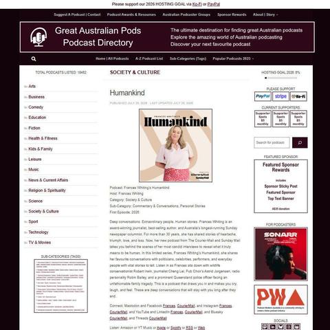 Frances Whiting's Humankind   
Screenshot of the podcast listing on the Great Australian Pods website