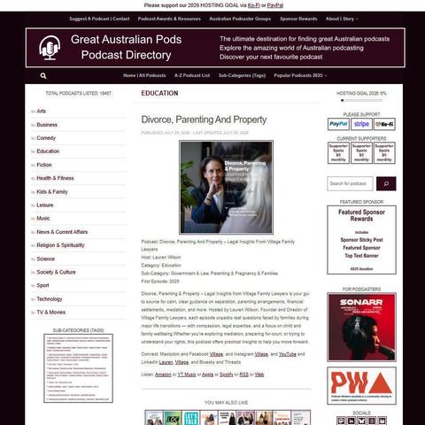 Divorce, Parenting And Property – Legal Insights From Village Family Lawyers   
Screenshot of the podcast listing on the Great Australian Pods website