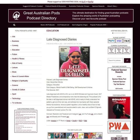 Late Diagnosed Diaries   
Screenshot of the podcast listing on the Great Australian Pods website