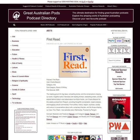 First Read   
Screenshot of the podcast listing on the Great Australian Pods website