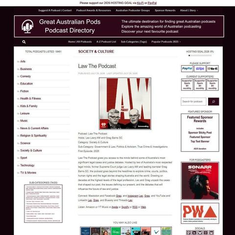 Law The Podcast   
Screenshot of the podcast listing on the Great Australian Pods website