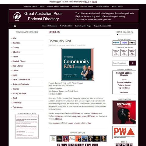 Community Kind - A 100 Women Podcast   
Screenshot of the podcast listing on the Great Australian Pods website