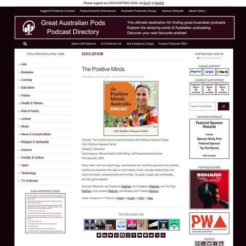 The Positive Minds Australia Podcast With Madhavi Nawana Parker   
Screenshot of the podcast listing on the Great Australian Pods website