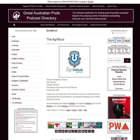 The AgriNous Podcast   
Screenshot of the podcast listing on the Great Australian Pods website