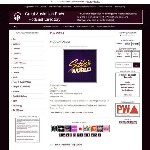 Sebbo's World   
Screenshot of the podcast listing on the Great Australian Pods website