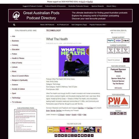 What The Health With Emily Casey   
Screenshot of the podcast listing on the Great Australian Pods website