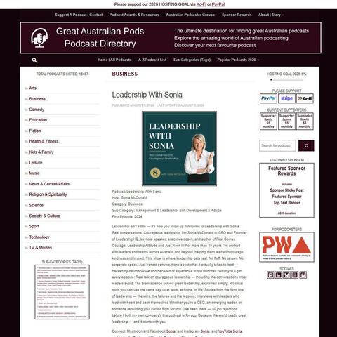 Leadership With Sonia   
Screenshot of the podcast listing on the Great Australian Pods website