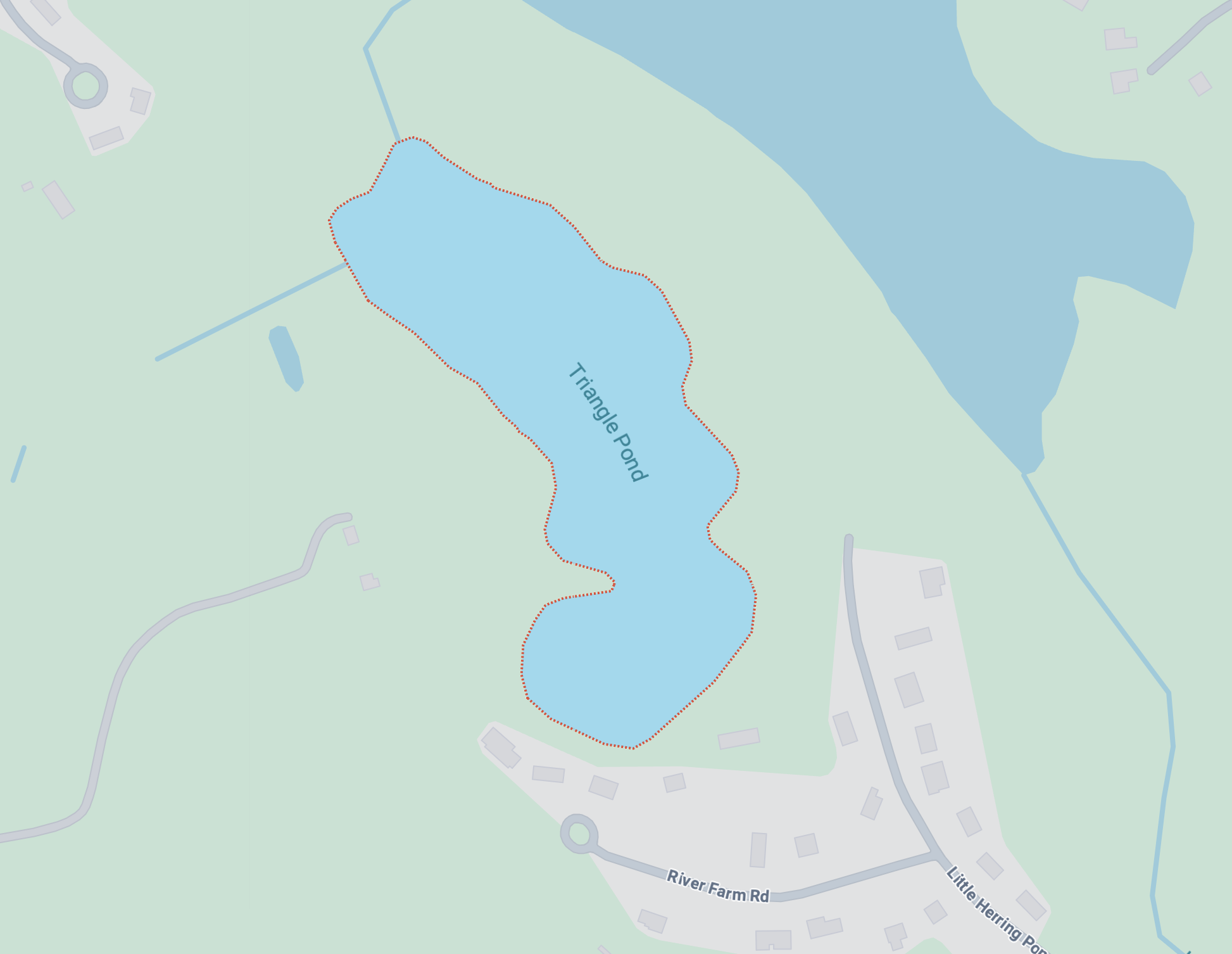 A maps screenshot of "Triangle Pond", in Plymouth, MA, USA. The pond is not remotely triangle shaped, and is oblong.