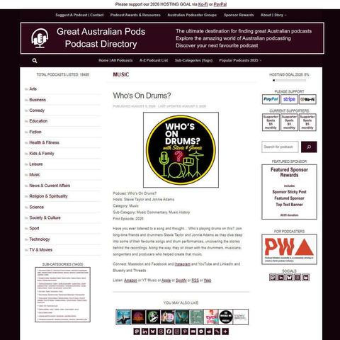 Who's On Drums?   
Screenshot of the podcast listing on the Great Australian Pods website