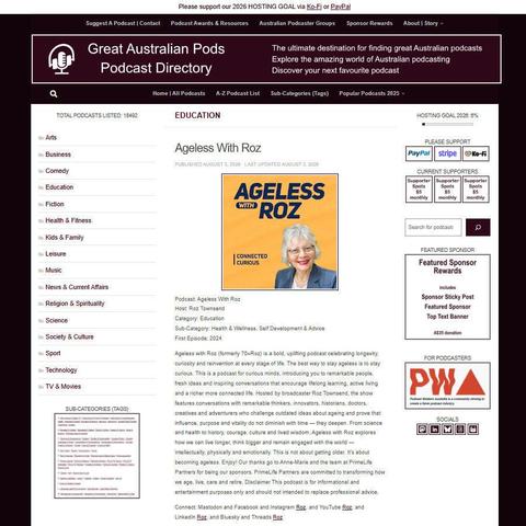 Ageless With Roz   
Screenshot of the podcast listing on the Great Australian Pods website
