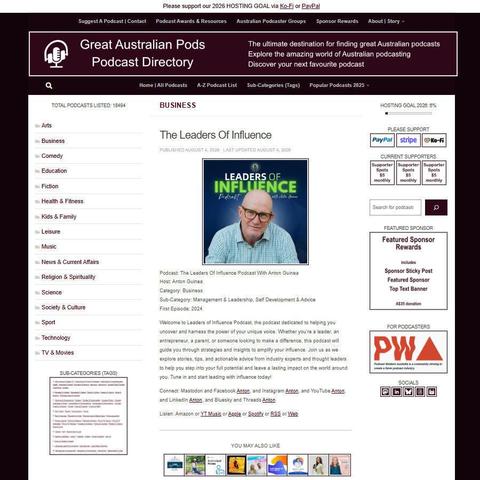 The Leaders Of Influence Podcast With Anton Guinea   
Screenshot of the podcast listing on the Great Australian Pods website