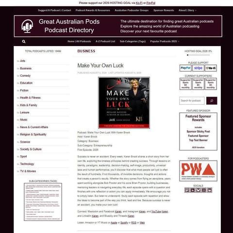 Make Your Own Luck With Karen Brook
Screenshot of the podcast listing on the Great Australian Pods website