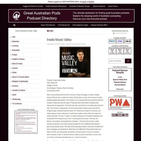 Inside Music Valley
Screenshot of the podcast listing on the Great Australian Pods website