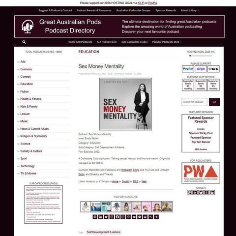 Sex Money Mentality    
Screenshot of the podcast listing on the Great Australian Pods website