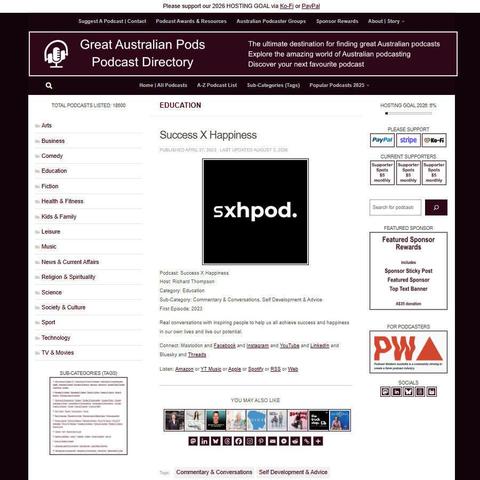 Success X Happiness
Screenshot of the podcast listing on the Great Australian Pods website
