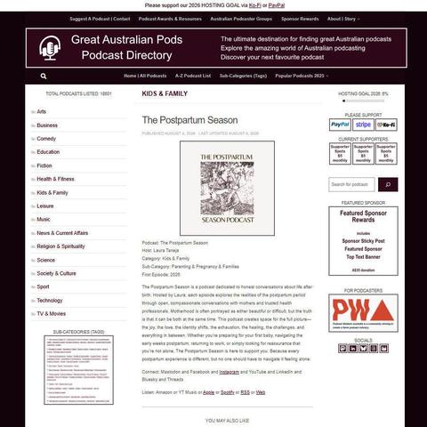 The Postpartum Season   
Screenshot of the podcast listing on the Great Australian Pods website