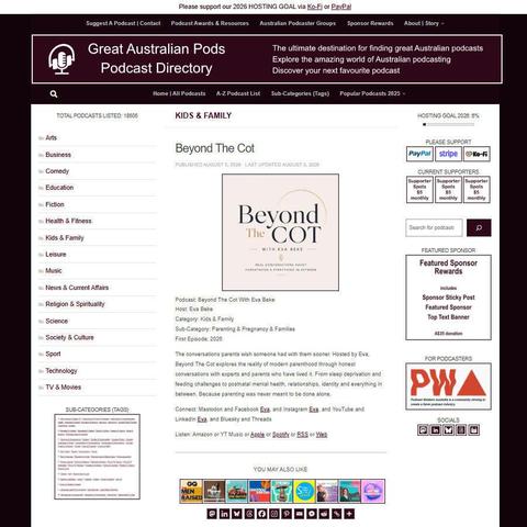 Beyond The Cot With Eva Beke
Screenshot of the podcast listing on the Great Australian Pods website