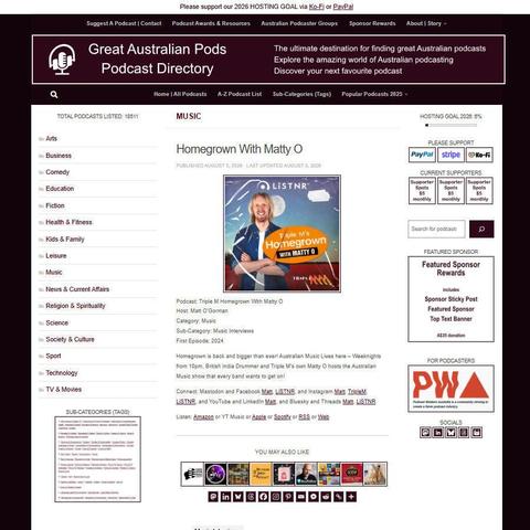 Triple M Homegrown With Matty O   
Screenshot of the podcast listing on the Great Australian Pods website