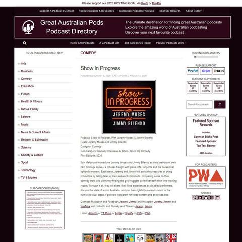 Show In Progress With Jeremy Moses & Jimmy Bilenko   
Screenshot of the podcast listing on the Great Australian Pods website
