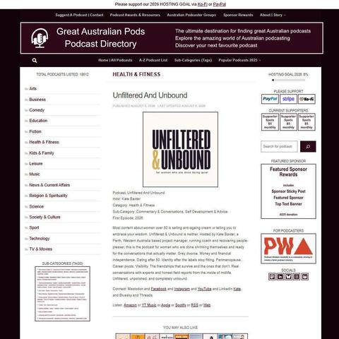 Unfiltered And Unbound
Screenshot of the podcast listing on the Great Australian Pods website