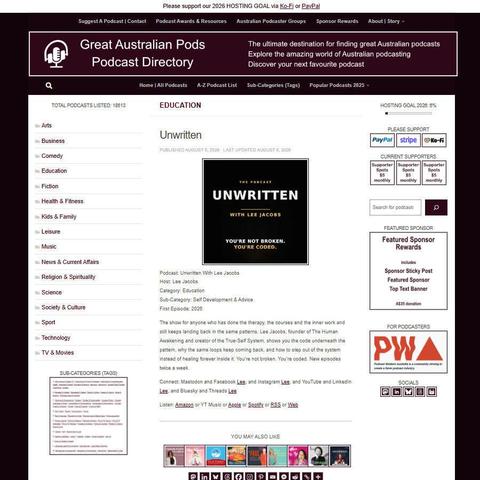 Unwritten With Lee Jacobs   
Screenshot of the podcast listing on the Great Australian Pods website