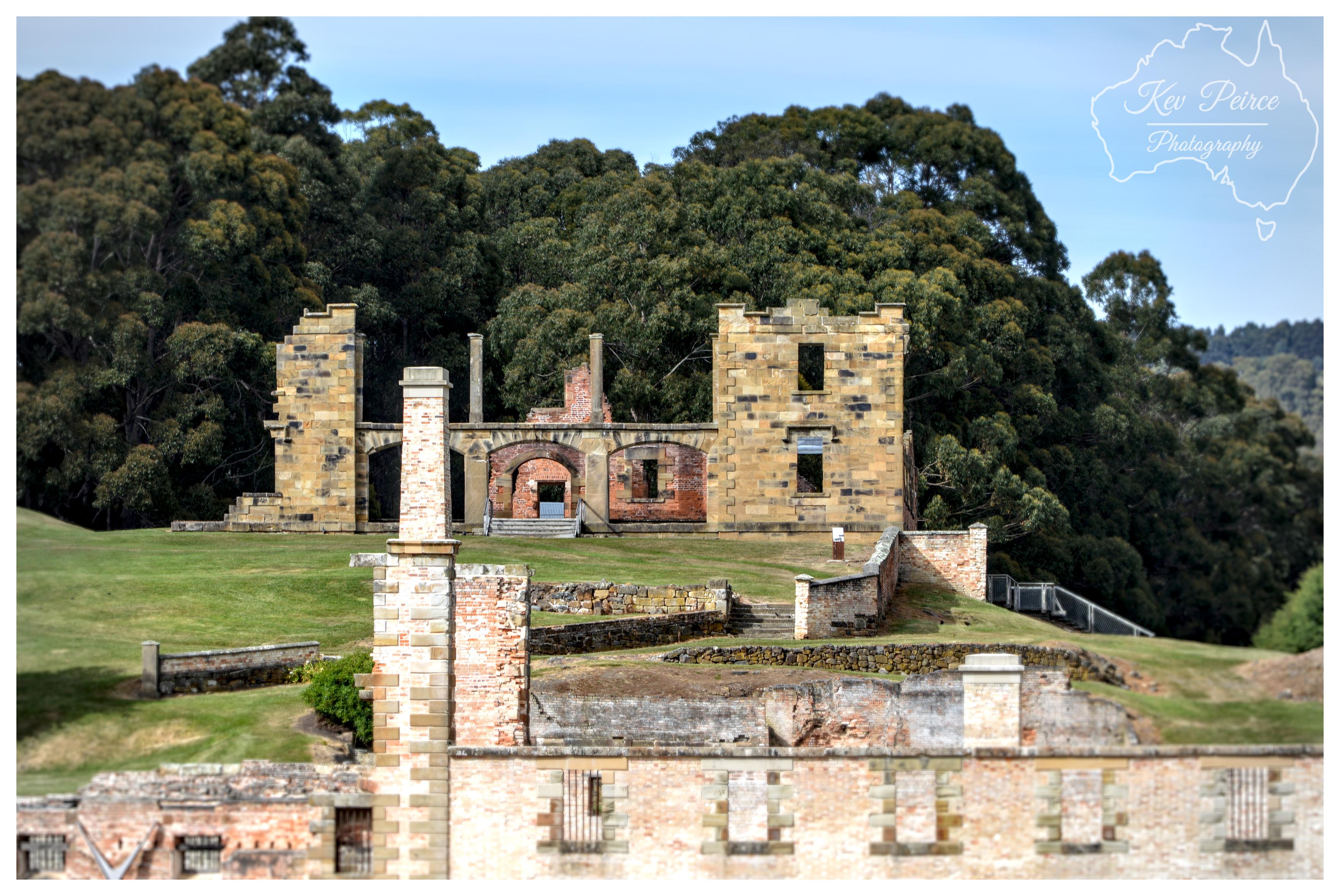 A wide view showing multiple levels of historic stone ruins set along a sloping green hill. Sandstone archways, freestanding walls, and tall chimneys stand among green turf, backed by a dense forest of mature gum trees beneath a blue sky with soft white clouds.