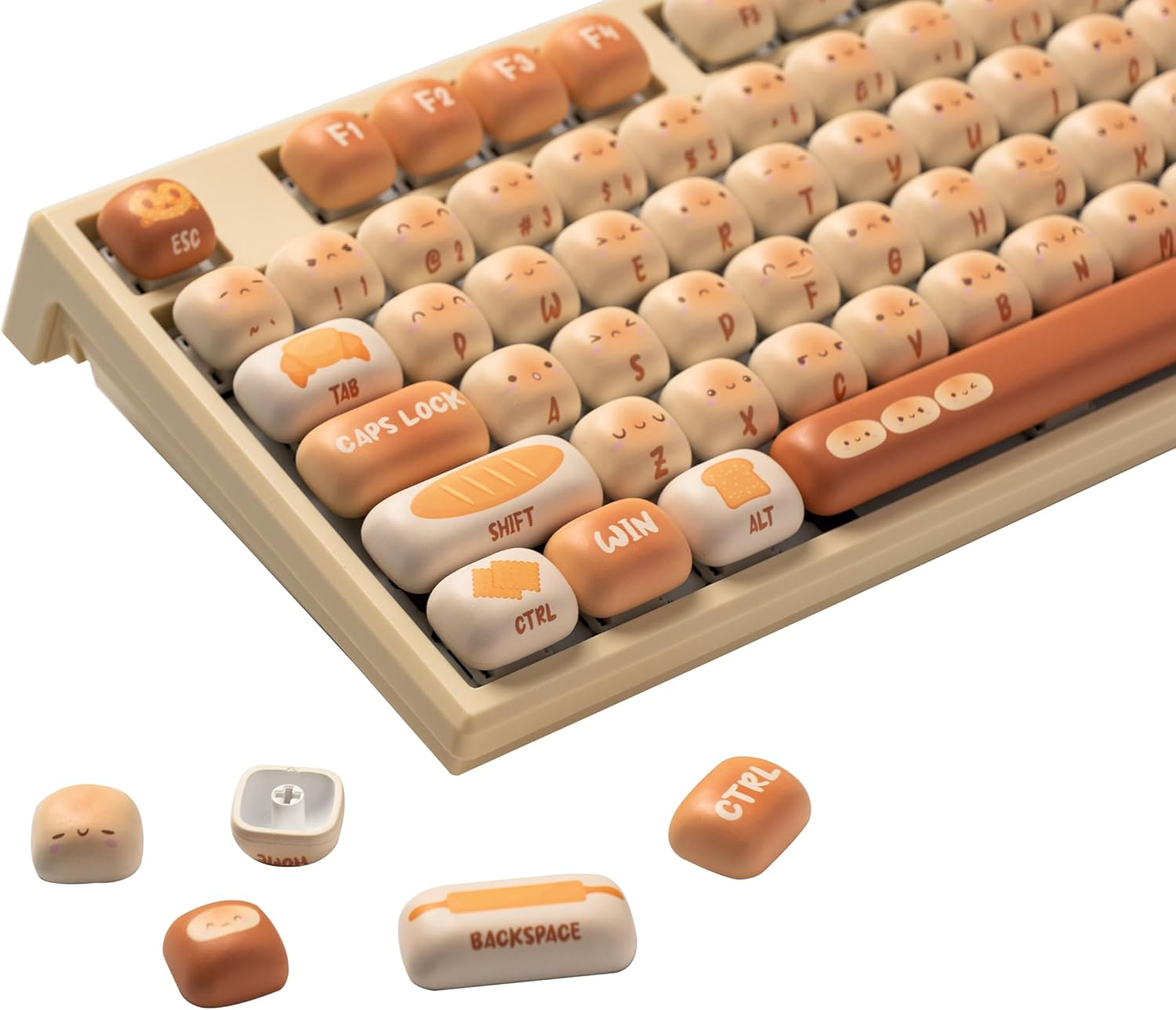 A set of key caps with a rounded moulding and legends to make them look like little baked buns. Most printing caps have a cute eye/mouth design on the top and their legend on the side. They're extremely kawaii