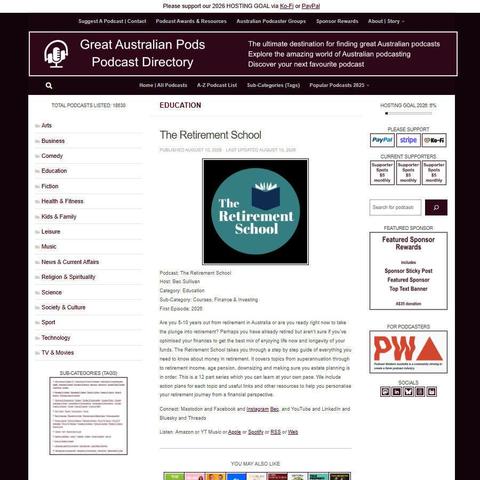 The Retirement School
Screenshot of the podcast listing on the Great Australian Pods website